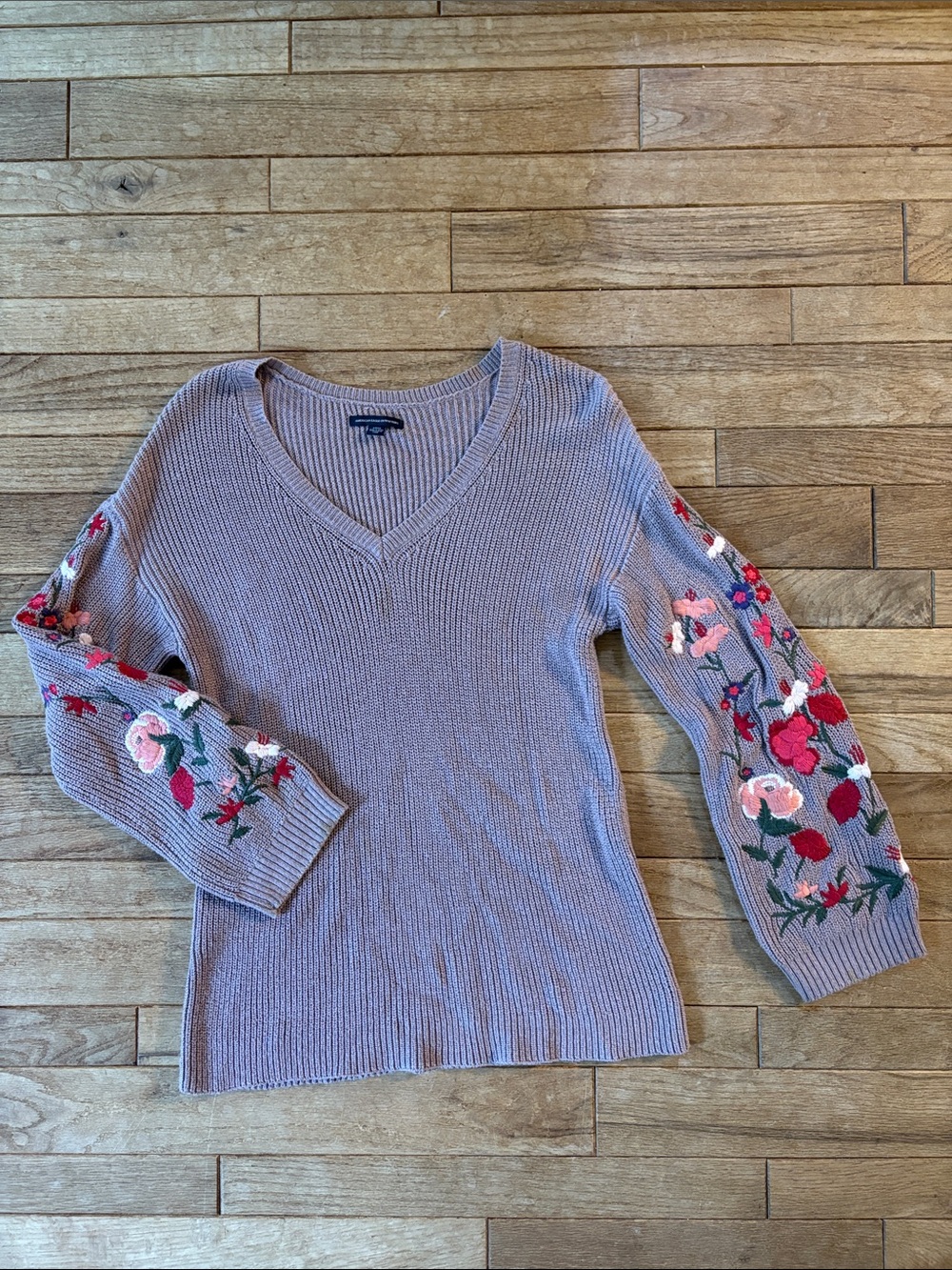 American Eagle Outfitters Mauve V-Neck Sweater with Embroidered Floral Sleeves